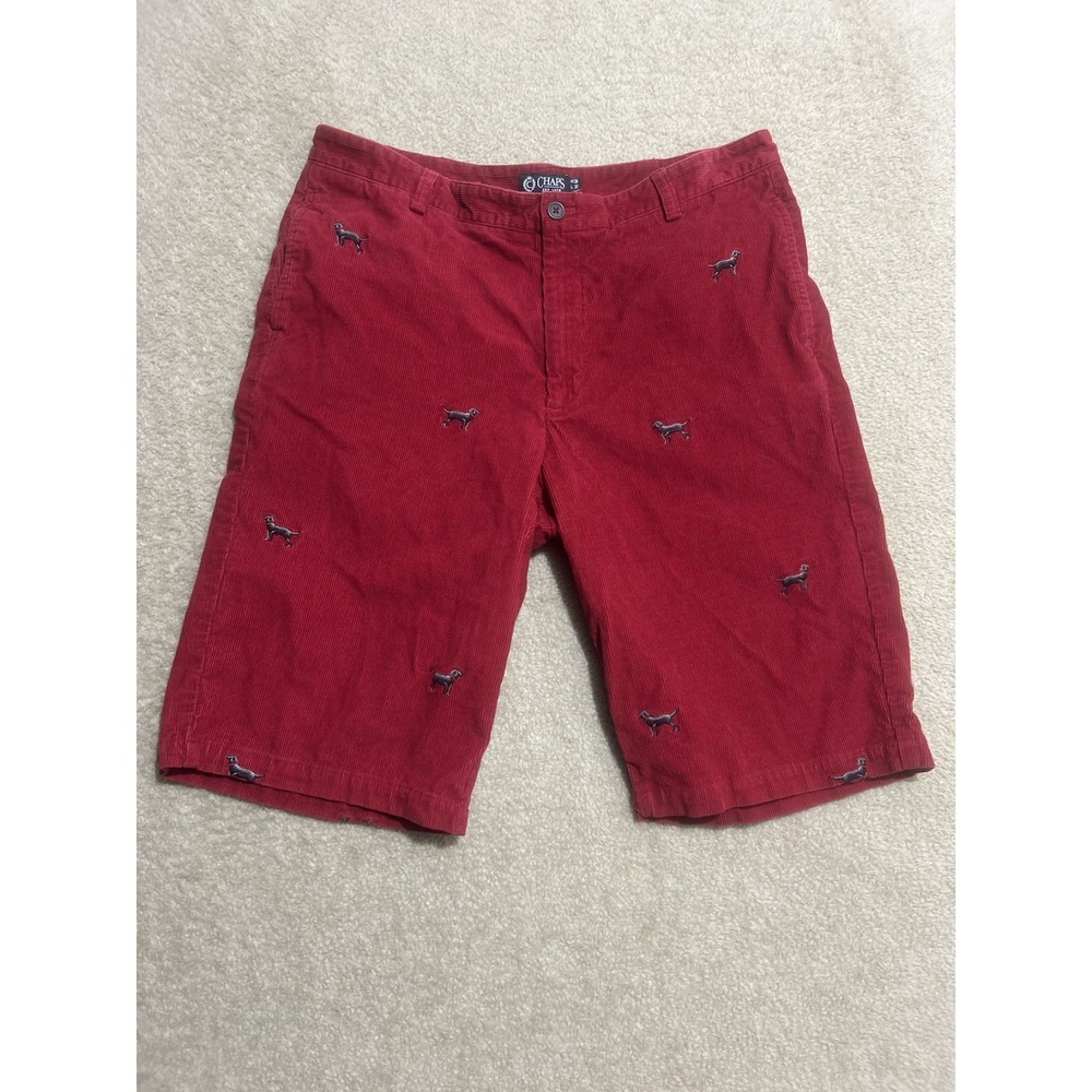 Vintage‎ Chaps Corduroy Shorts Embroidered Labrador Dogs 38x30 Red Casual Preppy